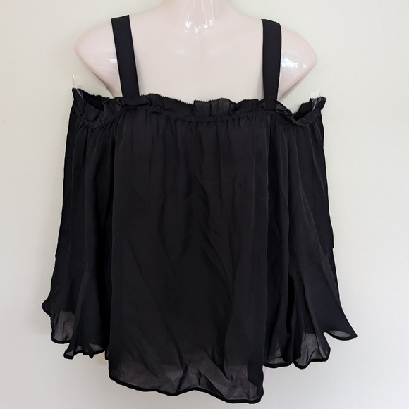 J. Crew Silk Black Ruffle Draped Cold / Off Shoulder Bell Sleeve size 10 - Picture 2 of 7